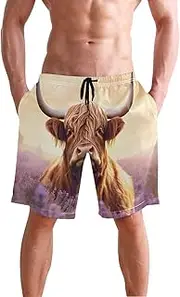 [XYMZR] Men's Swim Trunks Highland Cow Purple Field Quick-Dry Bathing Suit Swimming Board Shorts S