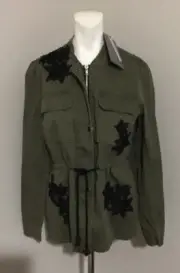 VERO MODA ARMY GREEN EMBROIDERED BLACK FLORAL JACKET SIZE MEDIUM NEW WITH TAGS