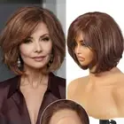 Chocolate Brown Human Hair Lace Frontal Wigs with Bangs Short Wavy Bob Wig