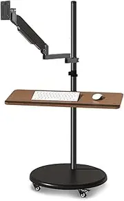 Monitor Arm Floor Standing Single Monitor Mount, Movable Monitor Stand with Keyboard Tray and Wheels, 14"-43" Adjustable Gas Spring Monitor Arm Holds up to 33.0lbs Monitor Mount(14"-32")
