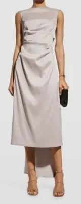 $395 Aidan Mattox Women's Beige Bow-Back Shirred-Front Satin Dress Size 8