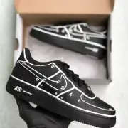 Air Force 1 Custom Mens Black Shoes, White Comic Book Outlines Sneakers, Womens