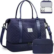 [BAGAIL] Travel Duffel Bag, Weekender Bags for Women, Overnight Gym Carry On Tote Bag with Wet Pocket, Hospital Mom Bag for Labor and Delivery - Extra Large Set, Grid-Navy Blue