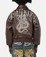 [ED HARDY] Ed Hardy Shinjuku Leather Jacket Brown - Size L L Brown