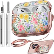 【with Safety Lock】 for AirPods Pro 2nd/1st Generation Case Cover, Cute Floral AirPod Pro 2 Case Hard iPod Pro Case for Women Girly for AirPod Pro Case (2023 USB-C/2022/2019) - Seven-Color Flower