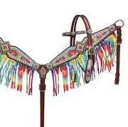 Showman Rainbow Tie Dye Headstall & Breast Collar Set w/ Fringe