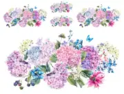 Shabby Pastel Watercolor Blue Hydrangeas Swag Bouquet Waterslide Decals FL521