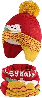 [MASOCIO] Toddler Kids Hat Winter Warm Bobble Hat with Ear Flaps Scarf Set for Boys Girls Age 2-10