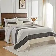 SOElinens Queen Bedspreads 102x120 - Oversized Queen Quilt Set, Lightweight Thin Comforter, 3-Piece Modern Striped Patchwork Reversible Quilted Coverlet Bedding Set, 100% Cotton, Gray/Beige