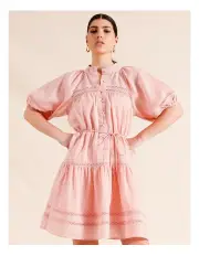 [Piper] Ladder Lace Short Sleeve Ramie Mini Dress in Dusty Pink