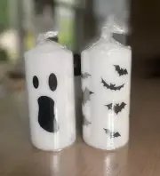 Ikea Halloween Candles Set of 2 Ghost & Bats 1 @ New 5.5x 2.75 Pillar Ships FREE