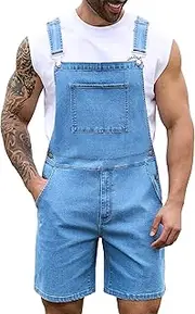 [Bindefon] Denim Overalls for Men Jean Shorts Jumpsuit Work Bibs Coveralls with Zipper