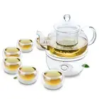 8in1 Tea Set - 680ml Heat Resistant Glass Teapot w/ Lid + 6x Cups + Round Warmer