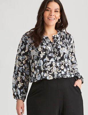 Autograph Top Plus Size 24 Shirt Tunic Blouse Black Print Pearl Button RP$90 NEW
