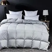 Goose Down Fiber Comforter Queen Size - Extra Warmth Overfilled Down Duvet Insert with Corner Loops - 750 Fill Power Fluffy Down Comforter - 150 Thread Count Cotton Bed Comforter,Grey-200 * 230cm