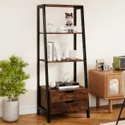 CostwayLadder Bookshelf with 4 Open Shelves and 2 Drawers-Rustic Brown