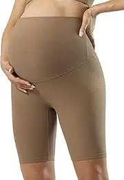 [POSHDIVAH] Ribbed Maternity Biker Shorts Over The Belly for Women - 8" Buttery Soft Pregnancy Workout Athletic Short Leggings