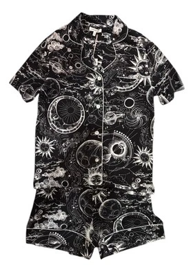 Johnny Was L Mina Short Pajama PJ Black White Astrology 2 Piece Shirt Shorts