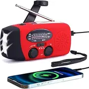 FM/AM/NOAA Weather Radio Hand Crank Self Powered Solar Emergency Radios with 3 LED Flashlight 2000mah Power Bank Smart Phone Charger (Red)