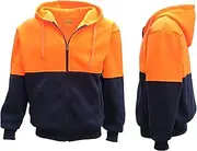 [Zmart Australia] HI VIS Full Zip Fleece-Lined Fleecy Hoodie Jumper Safety Workwear Pocket Jacket, Fluro Orange/Navy, XS