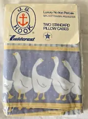 Vintage J.G. Hook Blue White Goose Geese Percale Standard Pillow Cases, NIP!