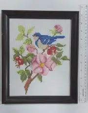 Handmade Finished Cross Stitch- Flower Tree Bird Framed with a Glass 11" x 8"