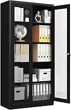 Steel File Locker Cabinet Metal Display Filling Storage Lockable Cupboard with 5 Adjustable Shelves & 2 Tempered Glass Door for Office Garage Stationary Black 185cm