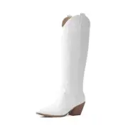 Cowgirl Boots Women Knee High Boots Pointed Toe and 9 Pu White - Knee High