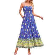 Vintage Floral Bohemian Dress with Adjustable Strap - Blue with Flower