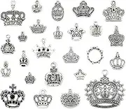 JIALEEY Crown Charms Pendants Beads, Vintage Silver Multistyle Crown Charm Pendant Connector for DIY Jewelry Making Accessaries Craft Supplies Bulk Lots, 25 Pcs