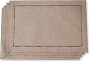 Tosewever Set of 4 Decorative Linen Placemats 12 x 18 Inches, Farmhouse Style Table Mats for Everyday Dining Wedding Party Holiday Home Decor (4 Pieces 12 x 18”, Light Coffee/Straight)