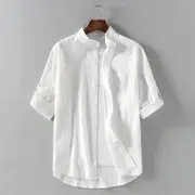 Elbow-Sleeve Stand Collar Linen Plain Shirt White - 5XL