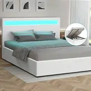ALFORDSON Gas Lift Storage Bed Frame Base with Headboard & LED Light Lahela Series, Mattress Topper Platform Foundation with Boucle Upholstery, 320kg Capacity, Queen, Boucle White