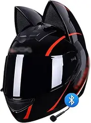 Bluetooth Motorcycle Cat Ear Full Face Helmet Fashion DOT Approved Personalized Cool Cat with Dark Sun Visor Men Women All Seasons Suitable for Moped Cruiser Scooter