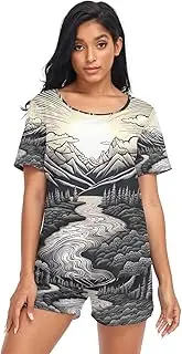 [RPLIFE] Drawing Of Mountains River Jammies for Women, Soft Pajamas for Women Set, Drawing of Mountains River, Medium
