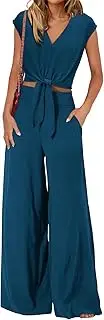 [Generic] Fashion Two Piece Sets for Women Summer Outfits V Neck Cap Sleeve Belted Crop Top Wide Leg Pant Comfy Lounge Set Tracksuit