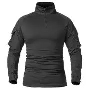 ReFire Gear Men Army Uniform Long Sleeve Combat Shirts Solid Cotton Military Tactical T-Shirt black L