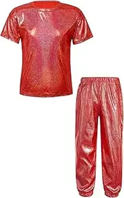 [FEESHOW] Kids Girl Dance Suit Shorts Sleeve Top with Pant Hip Hop Clothing Set Jazz Training Sport Dancewear