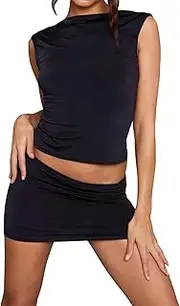 [Argeousgor] Women Sexy 2 Piece Skirt Set Backless Short Sleeve Shirt Top High Waist Mini Skirt Y2K 2 Piece Outfits Skirt Summer