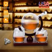 Whiskey Decanter Globe Set With 4Pcs 8.45Oz Etched World Whiskey Glasses Wooden
