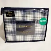 New Queen Pendleton 6 Piece Cozy Warm Flannel Sheet Set Indigo Plaid Blue