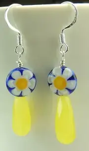 Yellow Agate Briolette Millifiori Flowers Dangle Earrings Handmade Jewelry