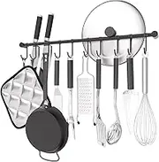 OKEPOO Wall Mounted Utensil Holder, Stainless Steel 20 inch Hook Bar Utensils with 10 Pcs Noiseless Sliding Hooks, Spoon Rack Hanger Bar Tool Organizer for Kitchen. (Black)
