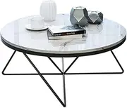 31.5 Inch Faux Marble Coffee Table Irregular Wrought Iron Black Base Simple Modern Round Living Room Leisure Side Table Accent Furniture, White