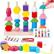 Montessori Beads Sequencing Toy Set, Wooden Stacking Blocks and Lacing Beads Matching Shape Stacker for 3+ Year Old STEM, Preschool Learning Montessori Toys Gifts for Kids Boy Girl