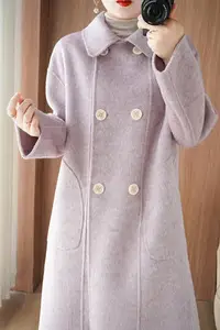 在飛比找Yahoo!奇摩拍賣優惠-23年秋冬新紫粉色雙面羊絨大衣女中長款過膝煙灰色羊毛大衣呢外