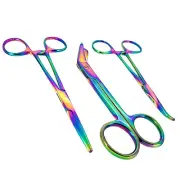 3 Multi Titanium Rainbow Color Lister Bandage Scissors 5.5" + Hemostat STR +CVD