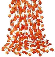 CQURE 12 Pack Fall Leaf Garland, Hanging Vines Artificial Fall Maple Leaves Thanksgiving Decor for Home Wedding Fireplace Party