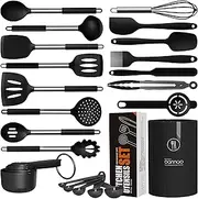 oannao Large Silicone Cooking Utensils Set - Heat Resistant Kitchen Sets,Spatula,Spoon,Turner Tongs,Brush,Whisk,Stainless Steel Silicone Cooking Utensil for Nonstick Cookware,Dishwasher Safe (Black)