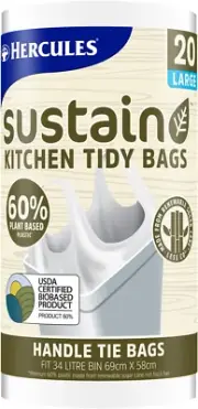 Hercules Sustain Plant Based Kitchen Handle Tie Tidy Bags, 34 Litre Capacity,...